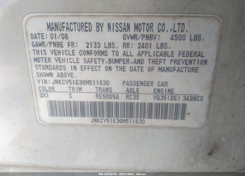 2006 INFINITI G35 VIN: JNKCV51E36M511630