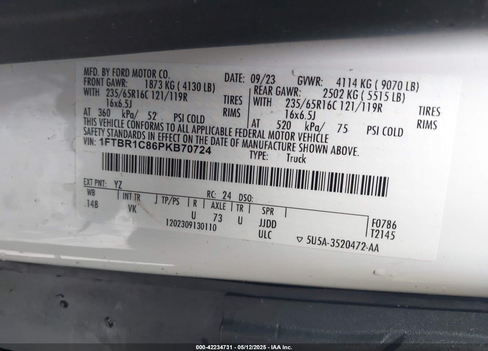 2023 FORD TRANSIT VIN: 1FTBR1C86PKB70724