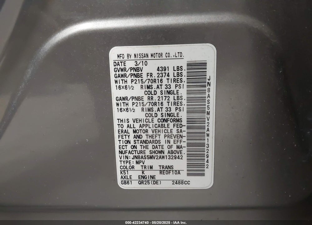 2010 NISSAN ROGUE S VIN: JN8AS5MV2AW132942