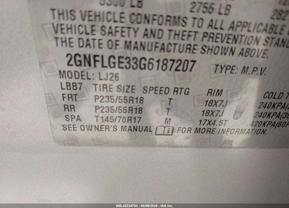2016 CHEVROLET EQUINOX LTZ VIN: 2GNFLGE33G6187207
