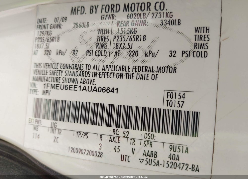 2010 FORD EXPLORER EDDIE BAUER VIN: 1FMEU6EE1AUA06641
