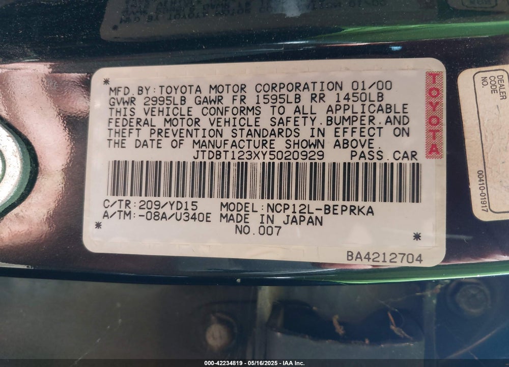 2000 TOYOTA ECHO VIN: JTDBT123XY5020929