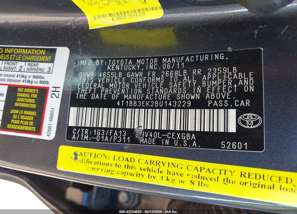2011 TOYOTA CAMRY VIN: 4T1BB3EK2BU143229