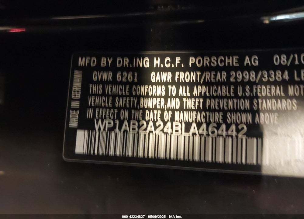 2011 PORSCHE CAYENNE S VIN: WP1AB2A24BLA46442