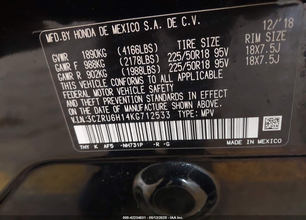 2019 HONDA HR-V SPORT VIN: 3CZRU6H14KG712533