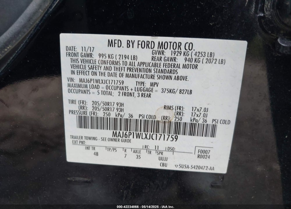 2018 FORD ECOSPORT VIN: MAJ6P1WLXJC171759