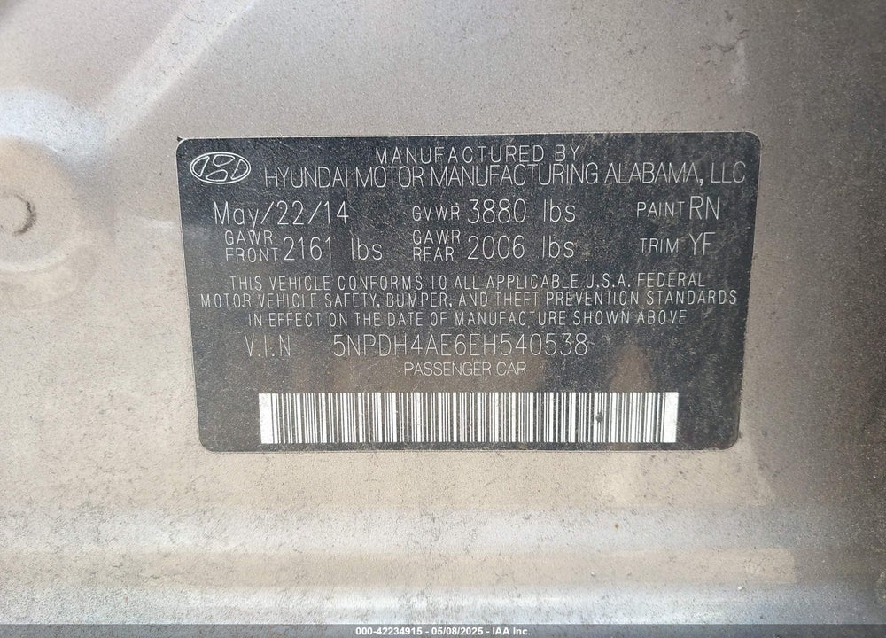2014 HYUNDAI ELANTRA VIN: 5NPDH4AE6EH540538