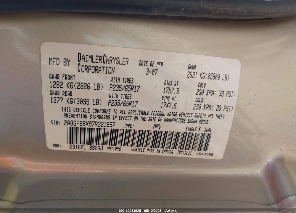 2007 CHRYSLER PACIFICA TOURING VIN: 2A8GF68X97R321657