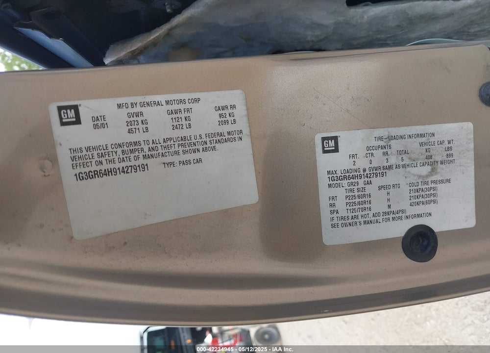 2001 OLDSMOBILE AURORA VIN: 1G3GR64H914279191