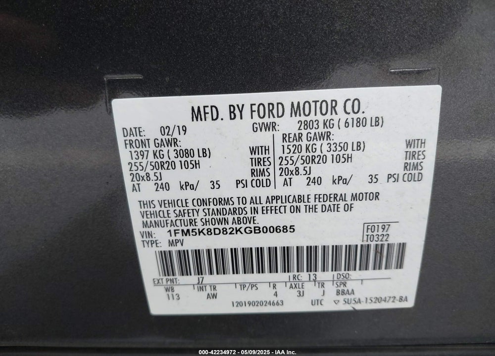 2019 FORD EXPLORER XLT VIN: 1FM5K8D82KGB00685