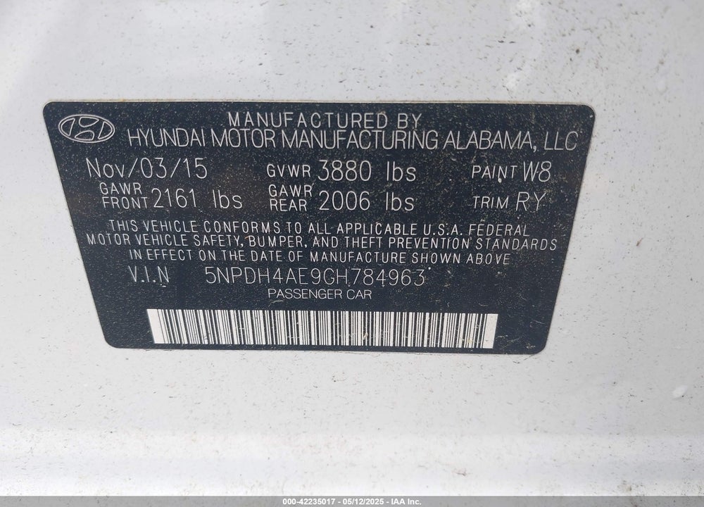 2016 HYUNDAI ELANTRA VALUE EDITION VIN: 5NPDH4AE9GH784963