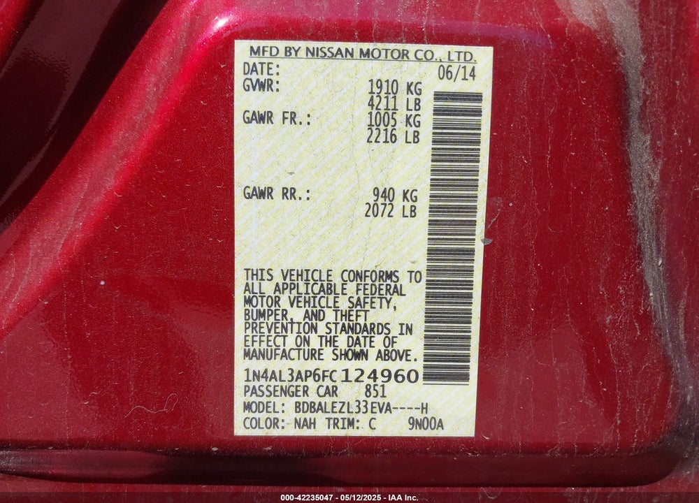 2015 NISSAN ALTIMA 2.5 S VIN: 1N4AL3AP6FC124960