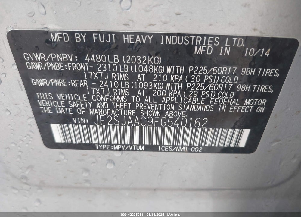 2015 SUBARU FORESTER VIN: JF2SJAAC9FG540162