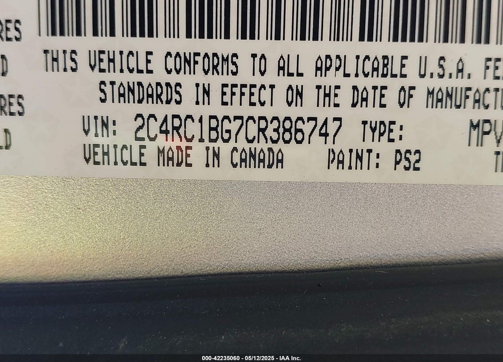2012 CHRYSLER TOWN & COUNTRY VIN: 2C4RC1BG7CR386747