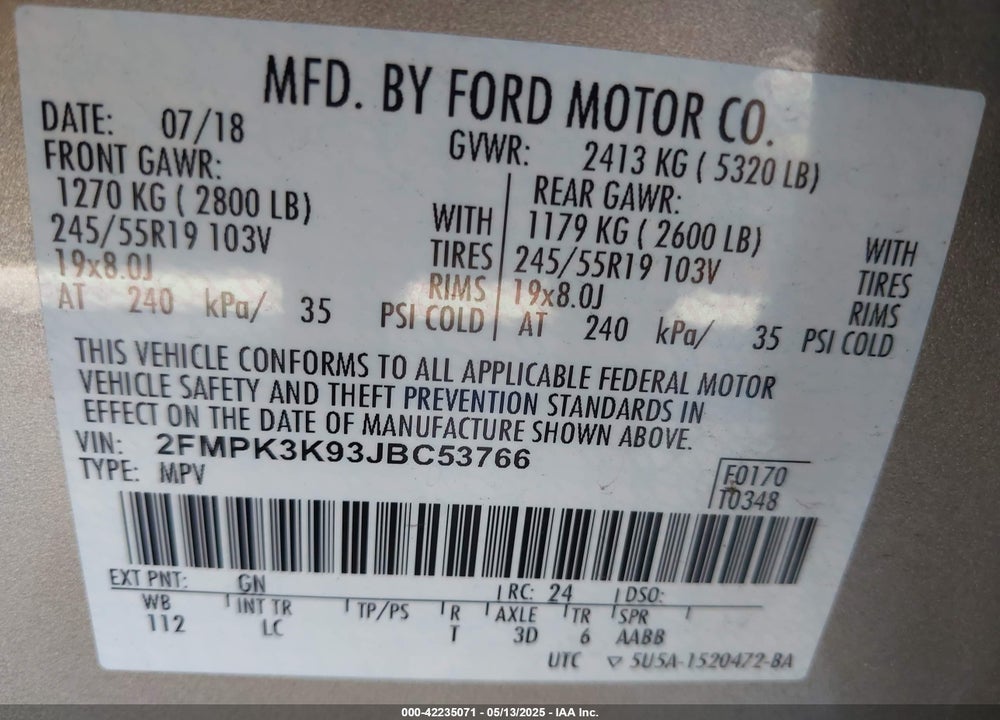 2018 FORD EDGE TITANIUM VIN: 2FMPK3K93JBC53766