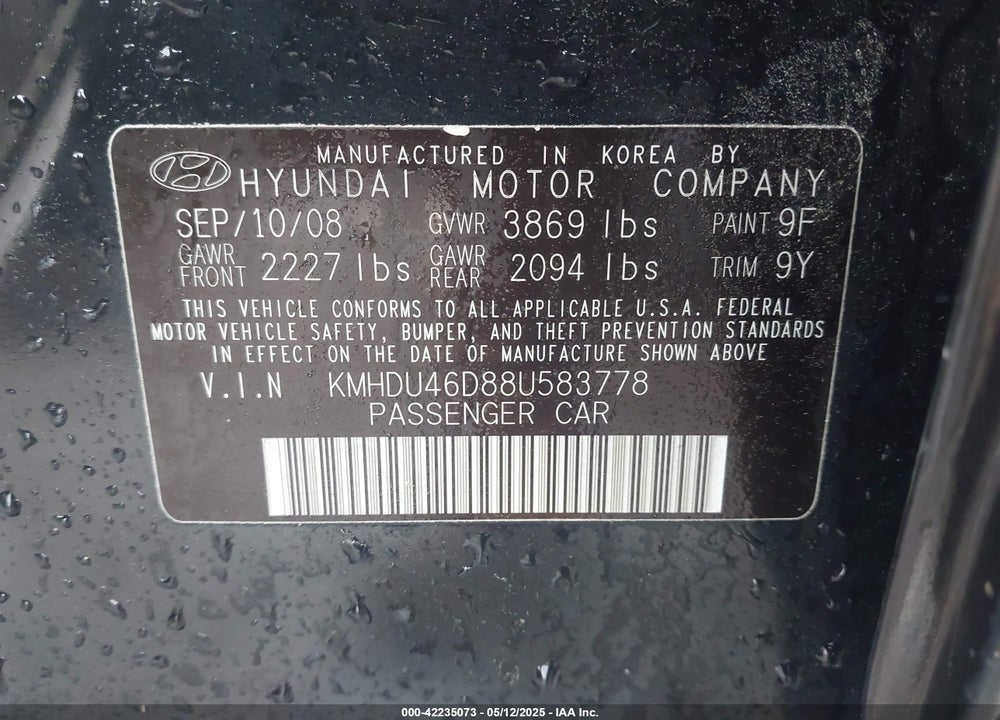 2008 HYUNDAI ELANTRA GLS/SE VIN: KMHDU46D88U583778