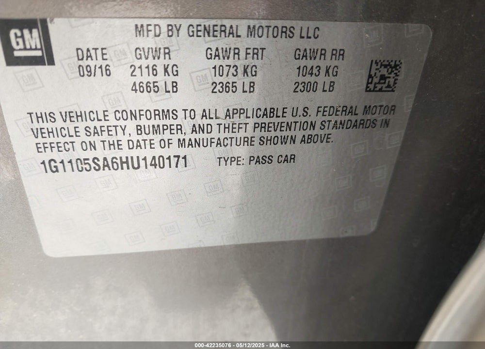 2017 CHEVROLET IMPALA VIN: 1G1105SA6HU140171