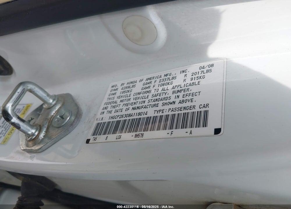 2008 HONDA ACCORD 2.4 LX VIN: 1HGCP26308A118014