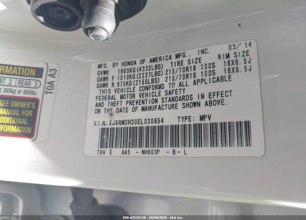 2014 HONDA CR-V VIN: 5J6RM3H30EL030854