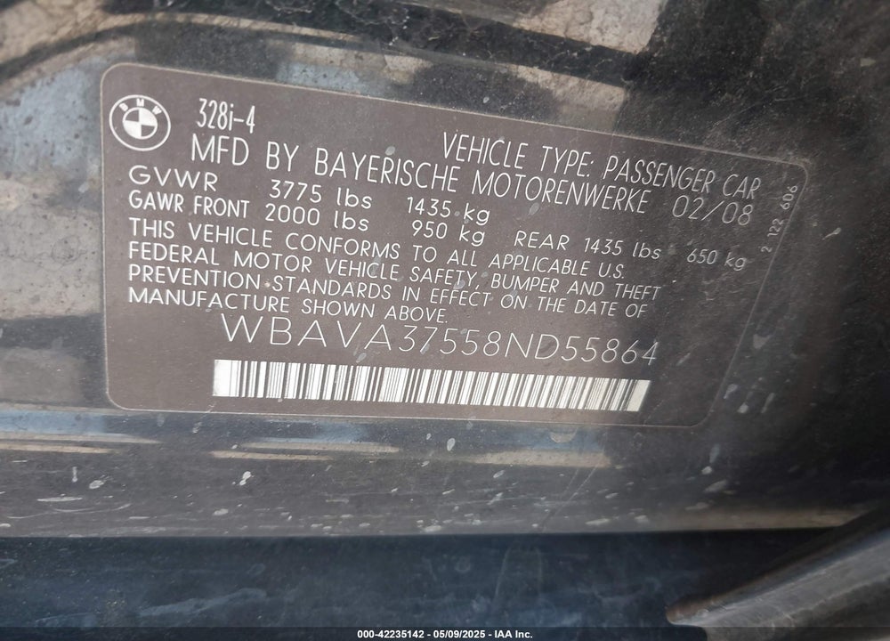 2008 BMW 328 VIN: WBAVA37558ND55864