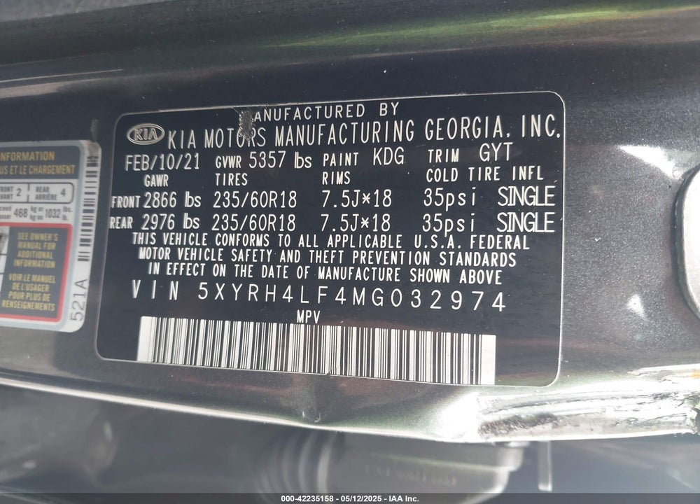 2021 KIA SORENTO VIN: 5XYRH4LF4MG032974