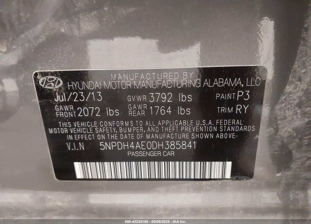 2013 HYUNDAI ELANTRA LIMITED VIN: 5NPDH4AE0DH385841