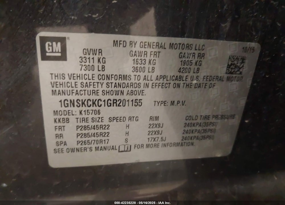 2016 CHEVROLET TAHOE VIN: 1GNSKCKC1GR201155