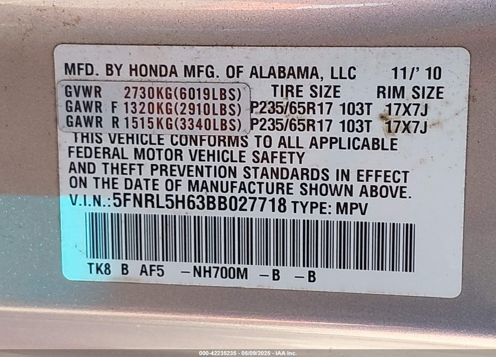 2011 HONDA ODYSSEY EX-L VIN: 5FNRL5H63BB027718