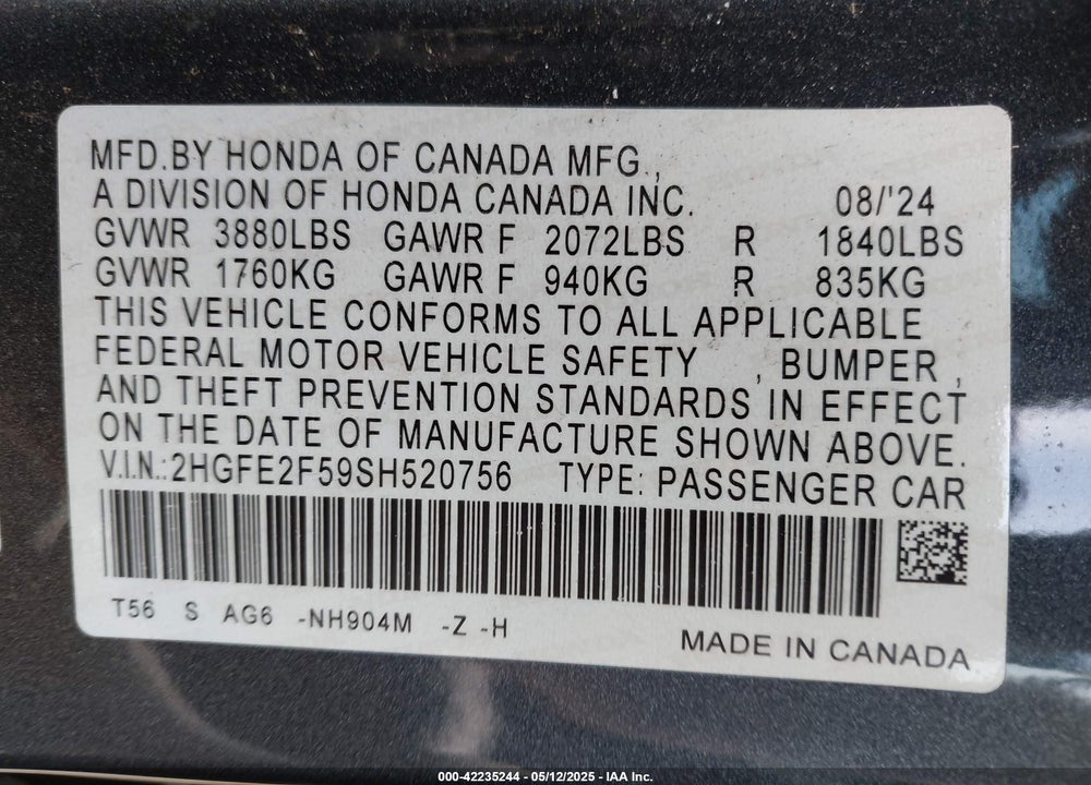 2025 HONDA CIVIC VIN: 2HGFE2F59SH520756