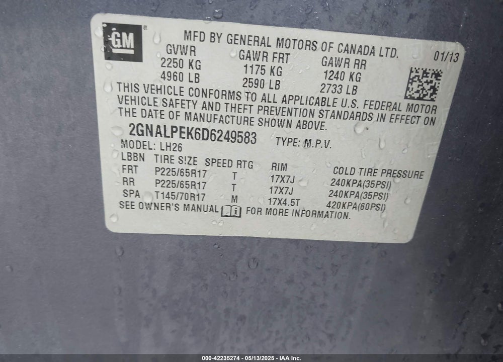 2013 CHEVROLET EQUINOX VIN: 2GNALPEK6D6249583