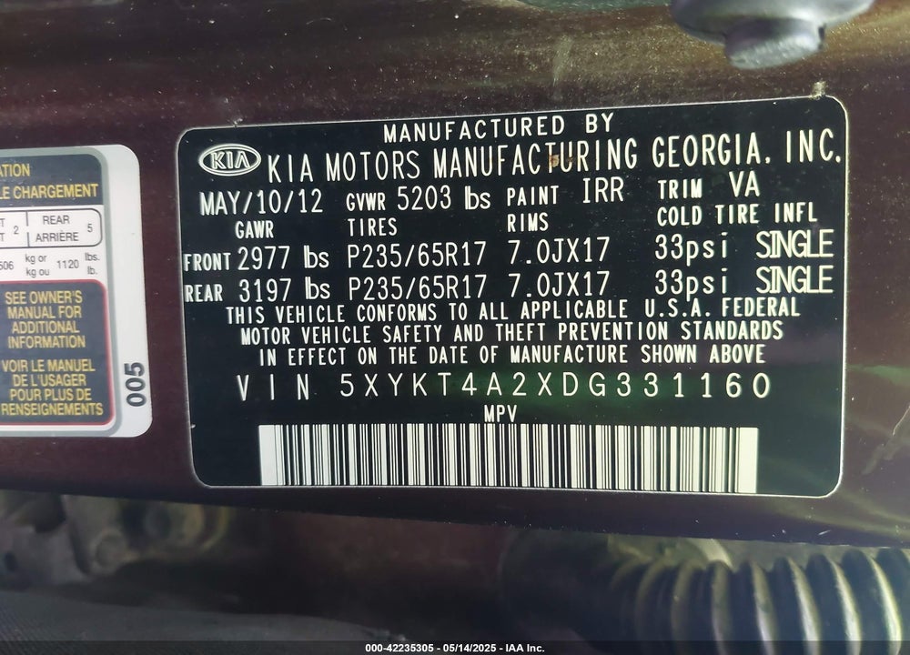 2013 KIA SORENTO LX V6 VIN: 5XYKT4A2XDG331160