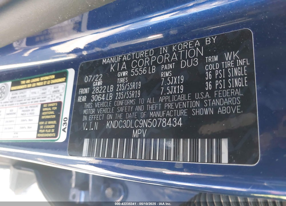 2022 KIA EV6 VIN: KNDC3DLC9N5078434