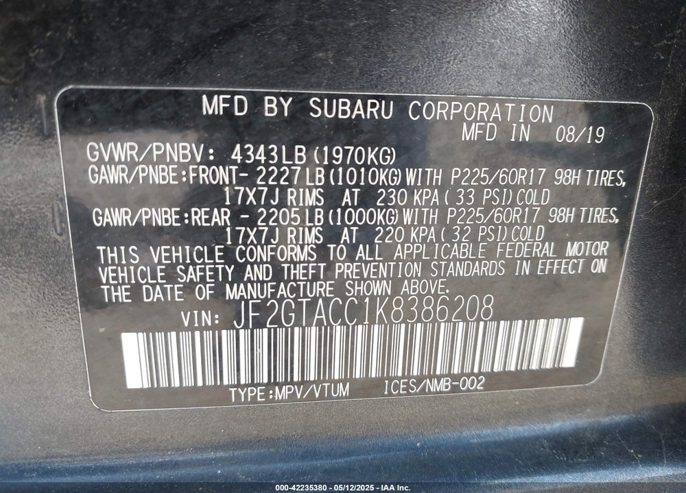 2019 SUBARU CROSSTREK 2.0I PREMIUM VIN: JF2GTACC1K8386208
