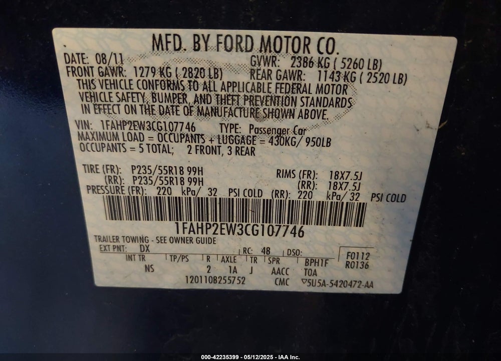 2012 FORD TAURUS VIN: 1FAHP2EW3CG107746