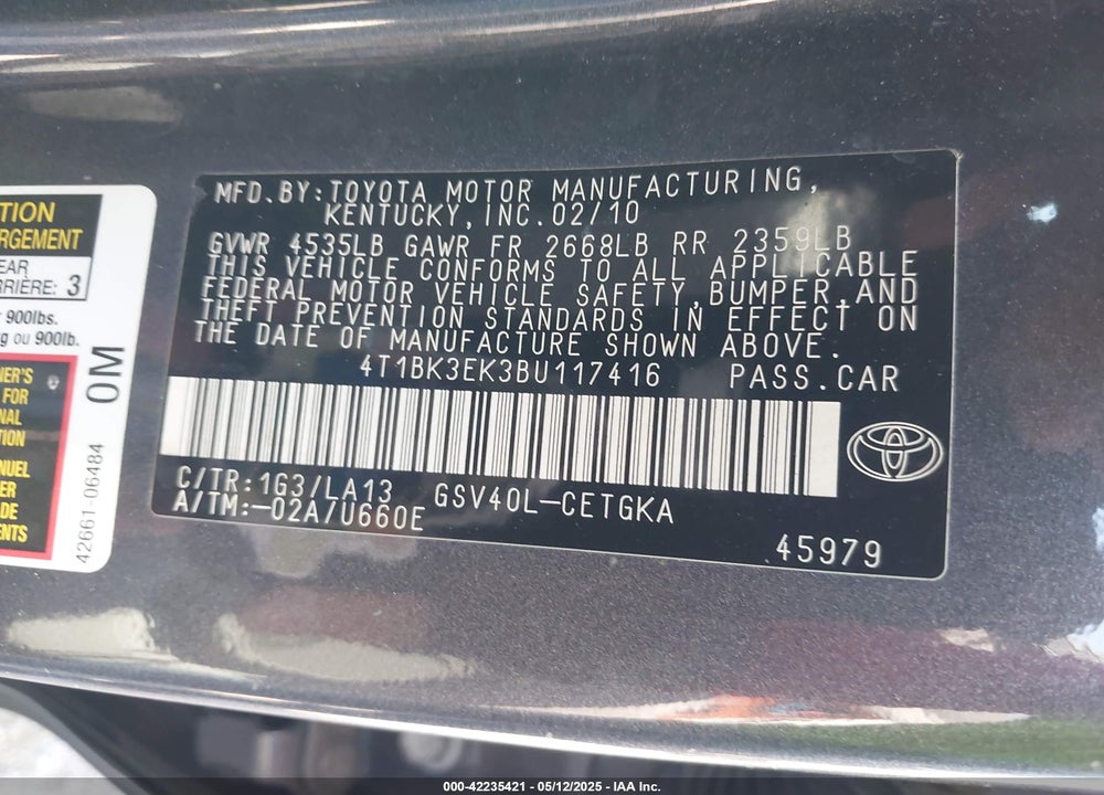 2011 TOYOTA CAMRY XLE V6 VIN: 4T1BK3EK3BU117416