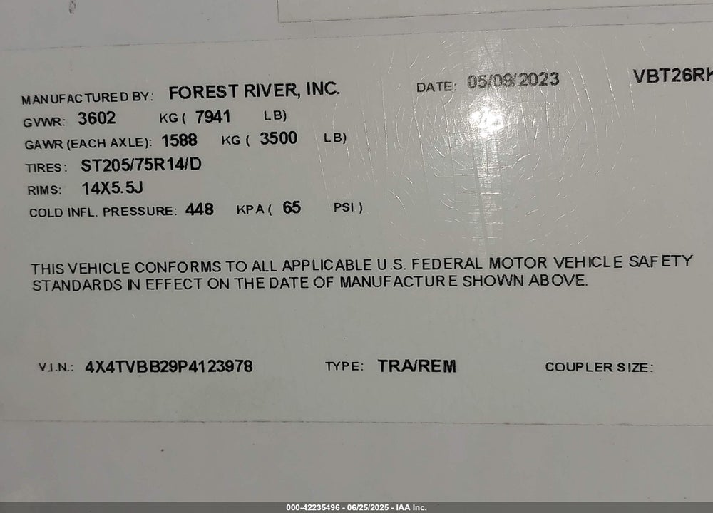 2023 FOREST RIVER OTHER VIN: 4X4TVBB29P4123978