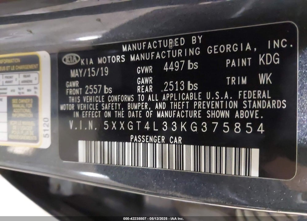 2019 KIA OPTIMA LX VIN: 5XXGT4L33KG375854