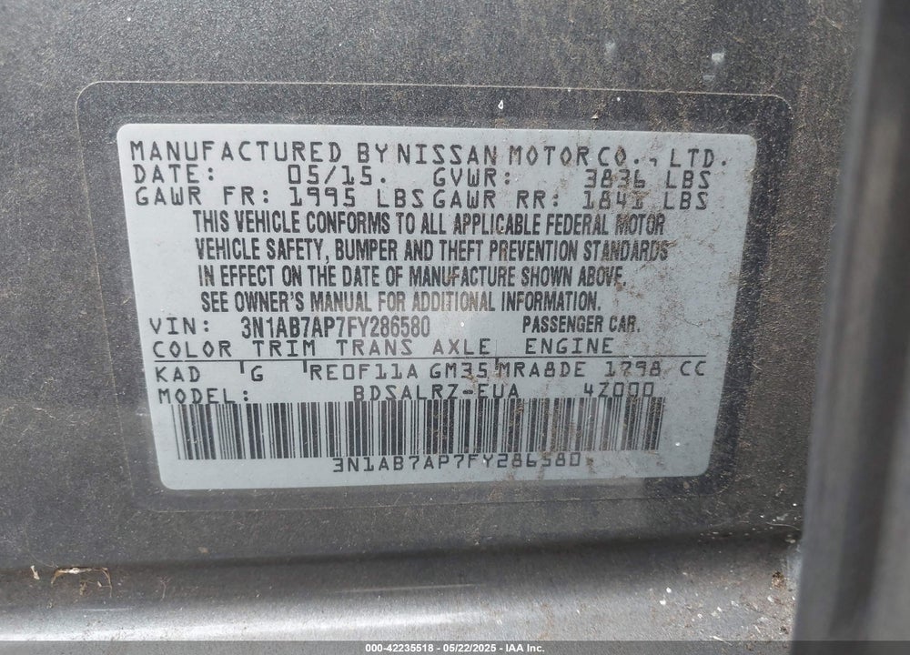 2015 NISSAN SENTRA VIN: 3N1AB7AP7FY286580