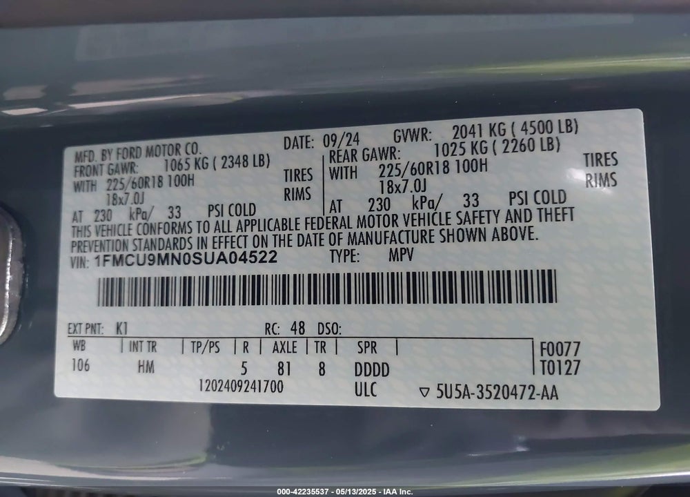 2025 FORD ESCAPE ST LINE VIN: 1FMCU9MN0SUA04522