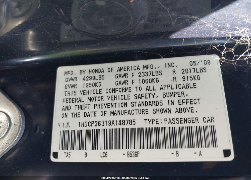 2009 HONDA ACCORD VIN: 1HGCP26319A148785
