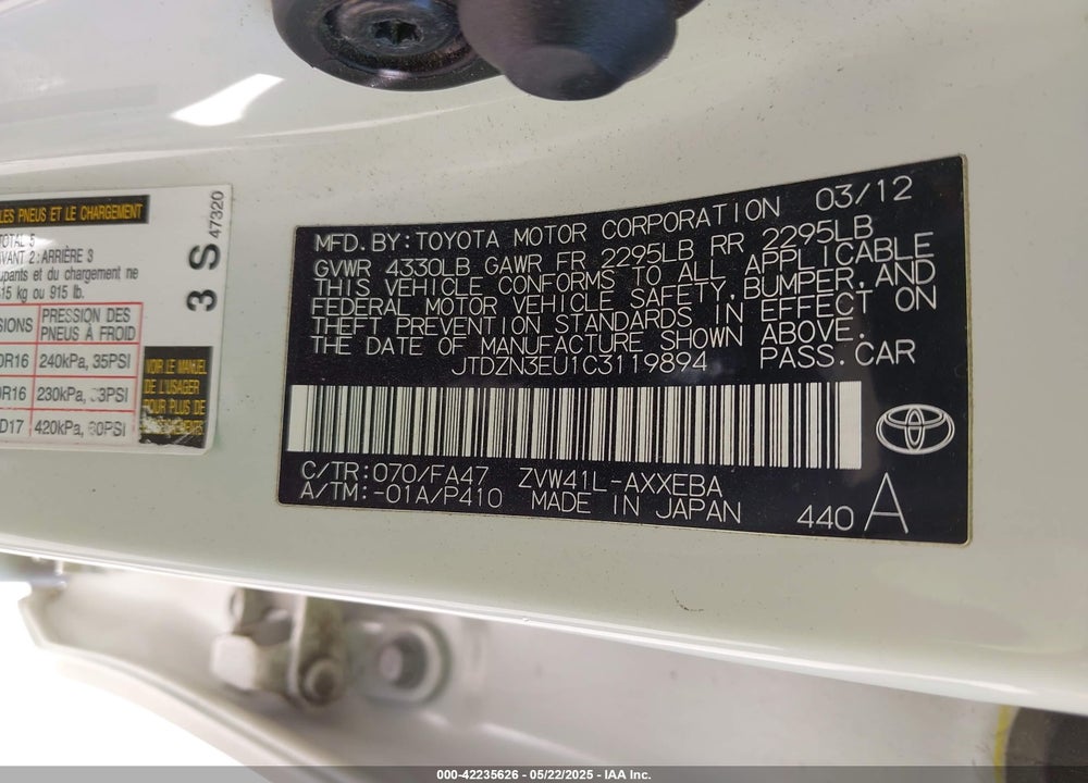 2012 TOYOTA PRIUS V VIN: JTDZN3EU1C3119894