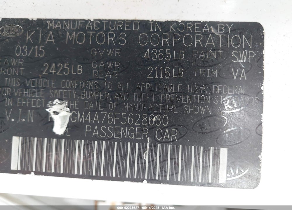 2015 KIA OPTIMA VIN: KNAGM4A76F5628630