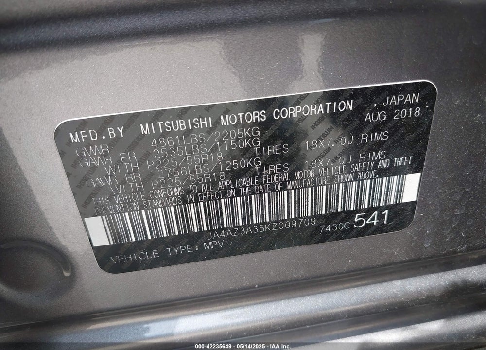 2019 MITSUBISHI OUTLANDER VIN: JA4AZ3A35KZ009709