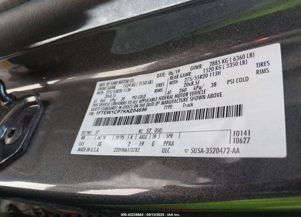 2019 FORD F-150 VIN: 1FTEW1CP7KKE04696