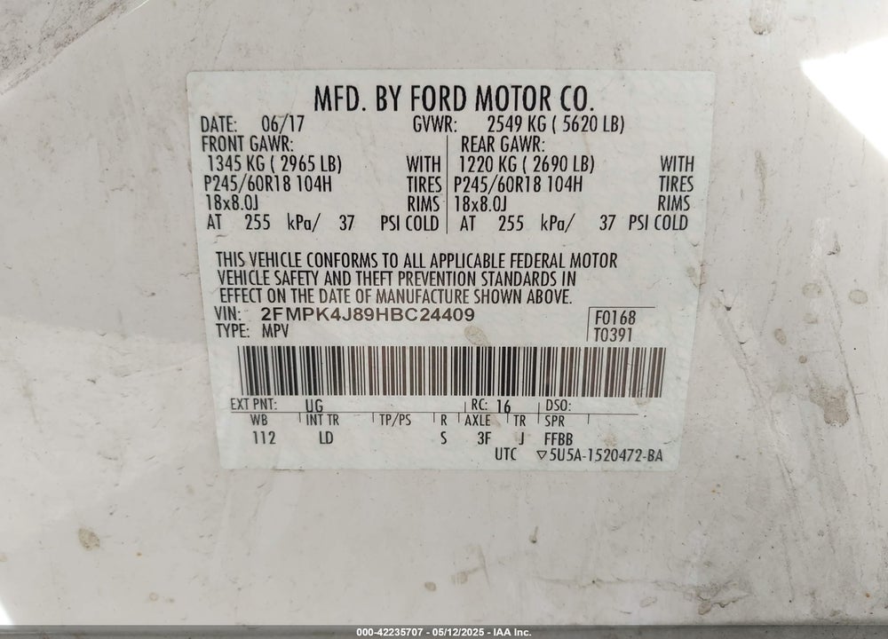 2017 FORD EDGE VIN: 2FMPK4J89HBC24409