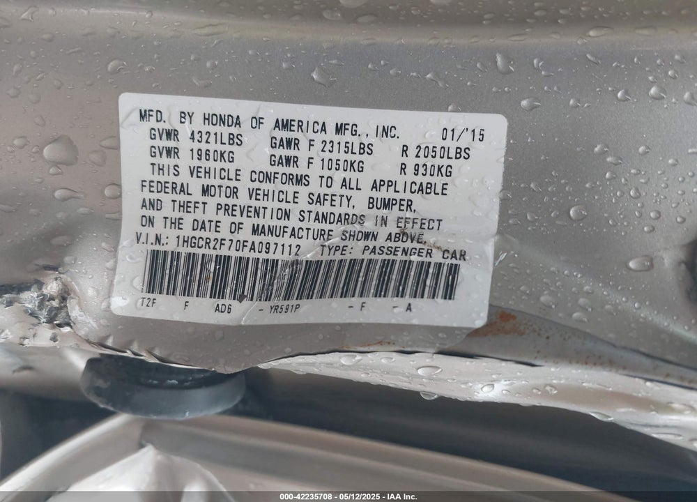 2015 HONDA ACCORD VIN: 1HGCR2F70FA097112