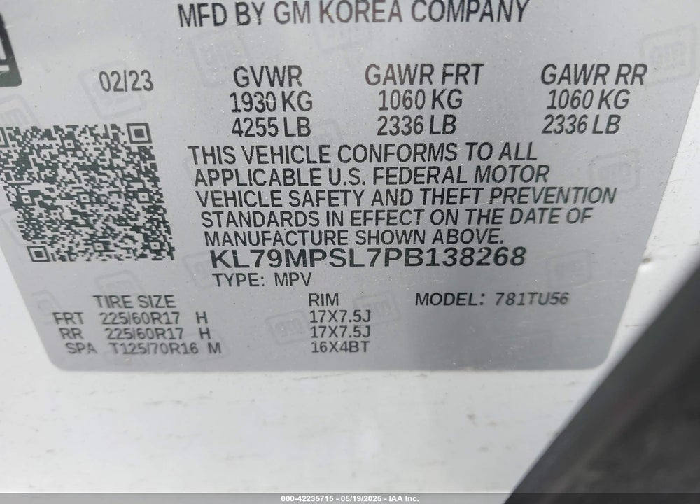 2023 CHEVROLET TRAILBLAZER VIN: KL79MPSL7PB138268