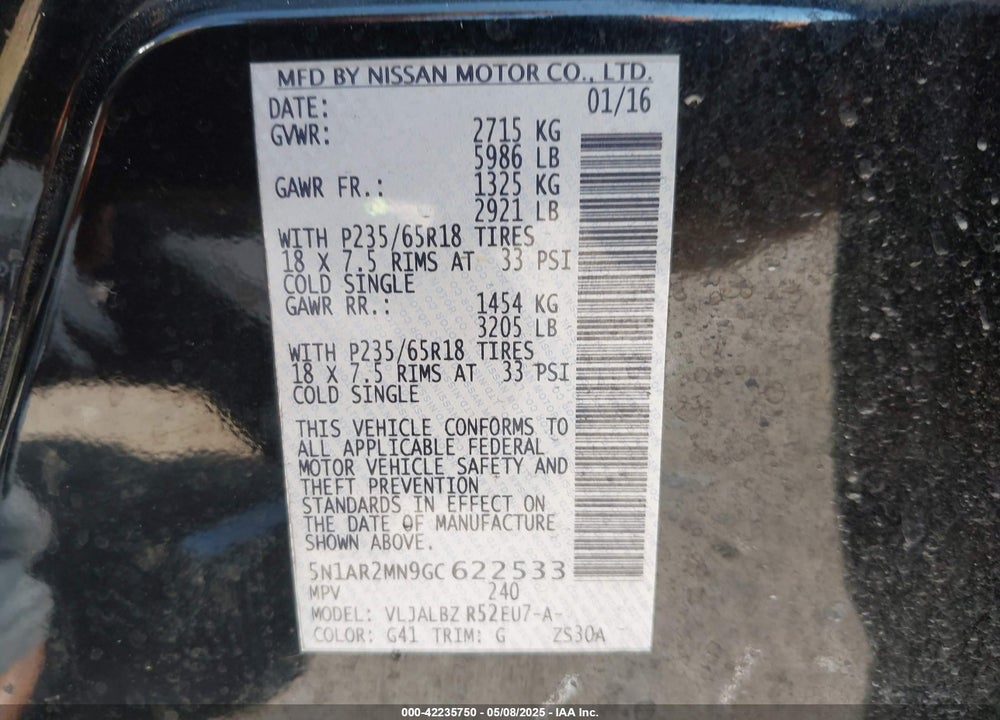 2016 NISSAN PATHFINDER VIN: 5N1AR2MN9GC622533