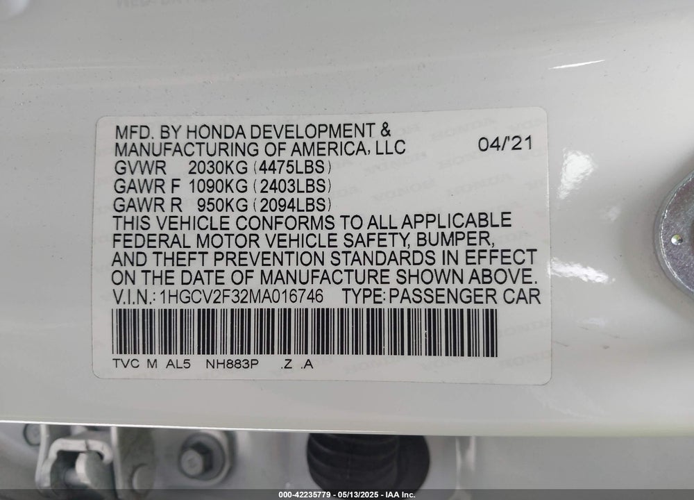 2021 HONDA ACCORD VIN: 1HGCV2F32MA016746