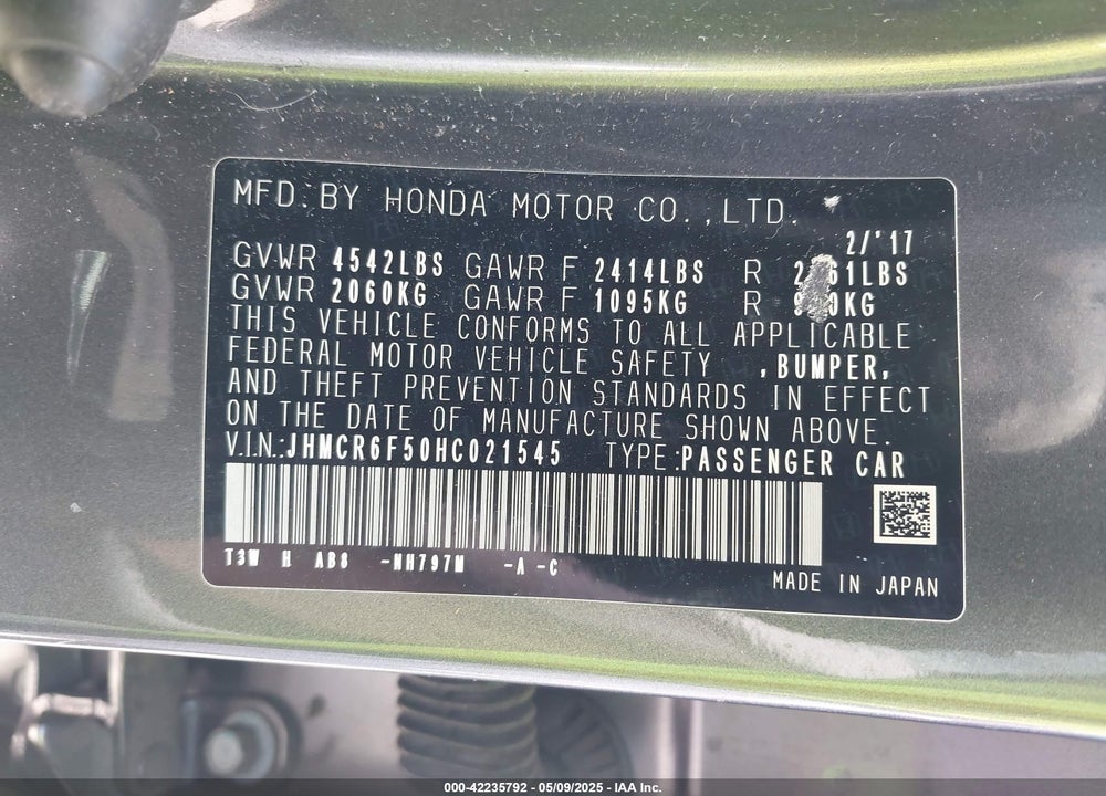 2017 HONDA ACCORD HYBRID EX-L VIN: JHMCR6F50HC021545